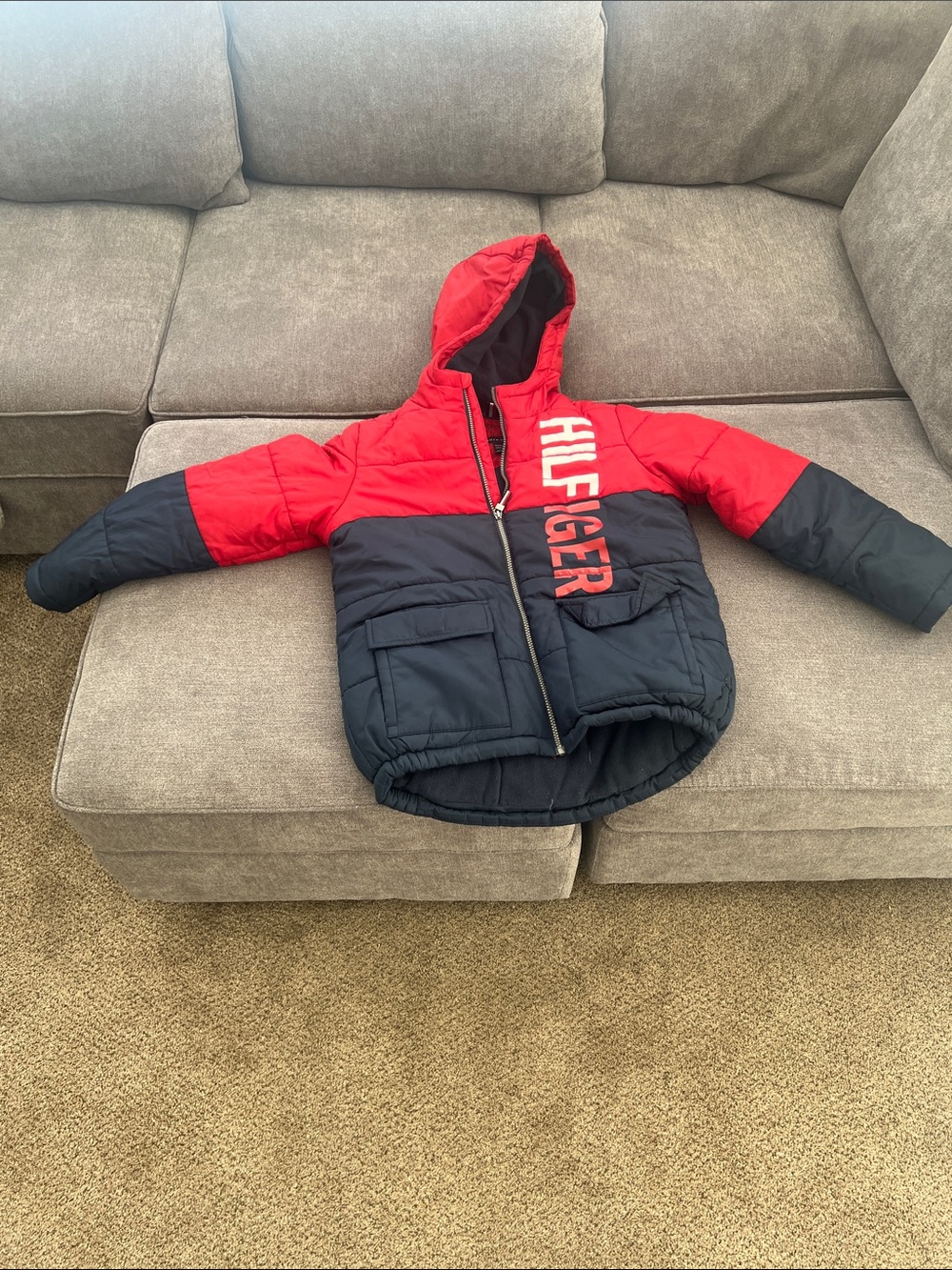 Tommy Hilfiger Red and Navy Hooded Colorblock Puffer Jacket